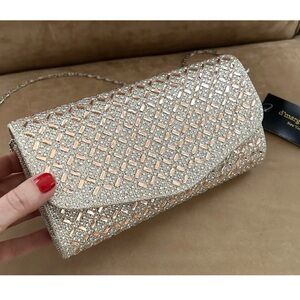 D'Margeaux Champagne Rhinestone Evening Bag Clutch With Shoulder Chain NWT